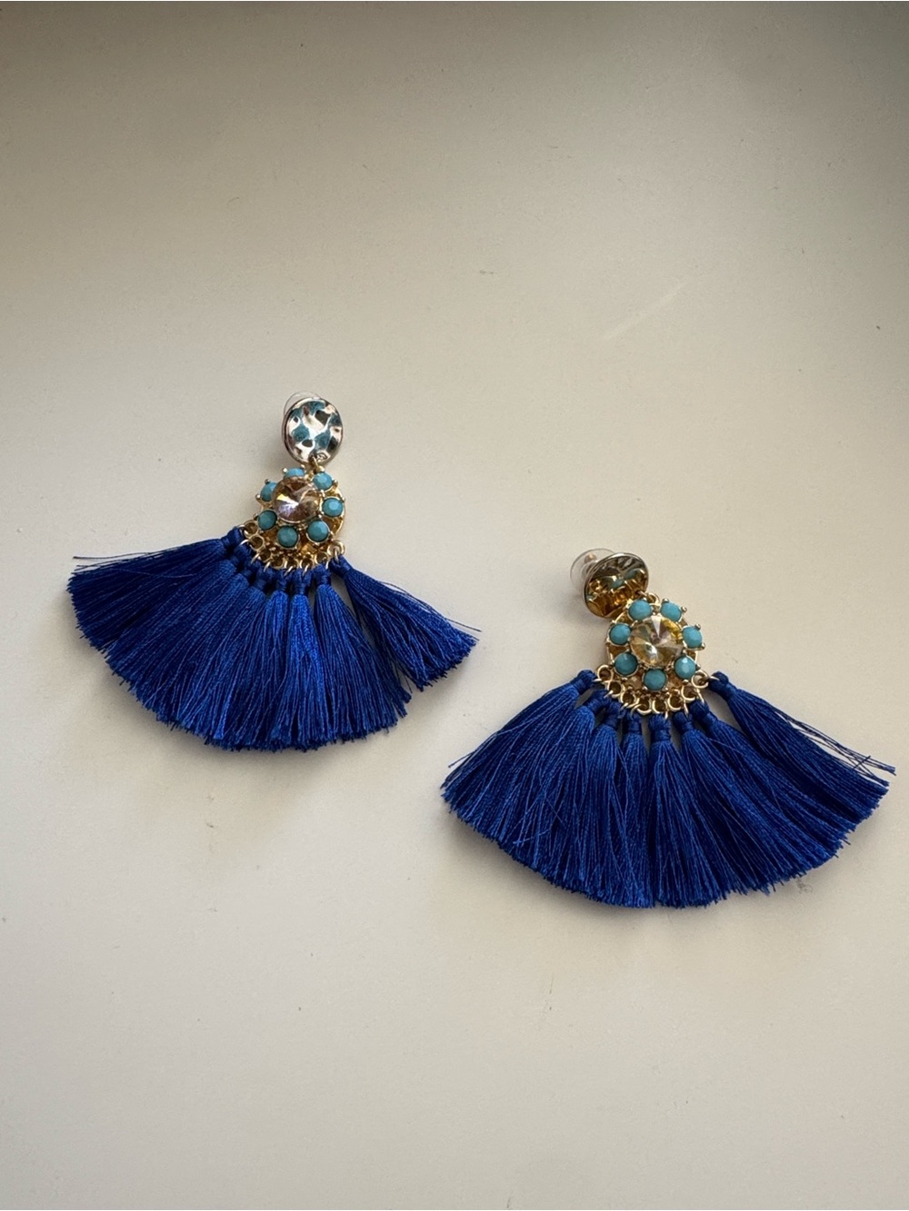 Lilly Pulitzer Blue Tassel Fan Drop Earrings, turquoise/aqua-colored stones